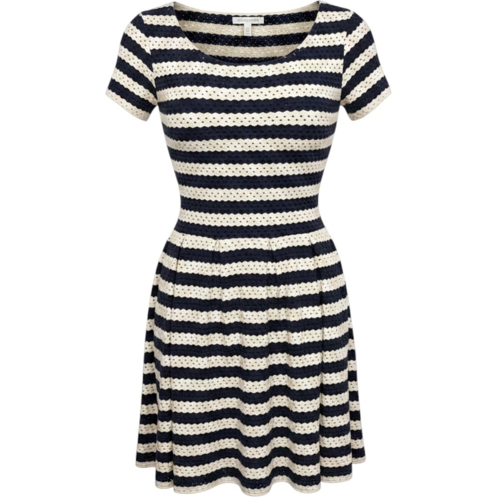 Eight Sixty Navy Blue White Striped Eyelet Fit & Flare Mini Dress Medium Coastal